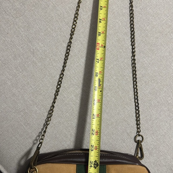 Converted Vintage Pouch-Tan Canvas-Red & Green Stripe Detail-Brassy Link Chain - Picture 15 of 17